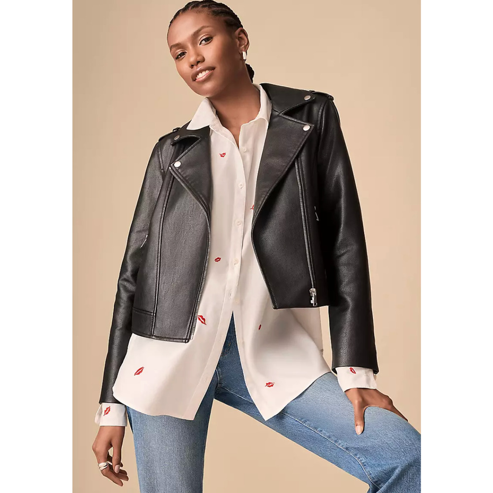 NEW ANN TAYLOR LOFT BLACK PEBBLED FAUX LEATHER MOTO JACKET COAT SZ XL - Picture 3 of 7